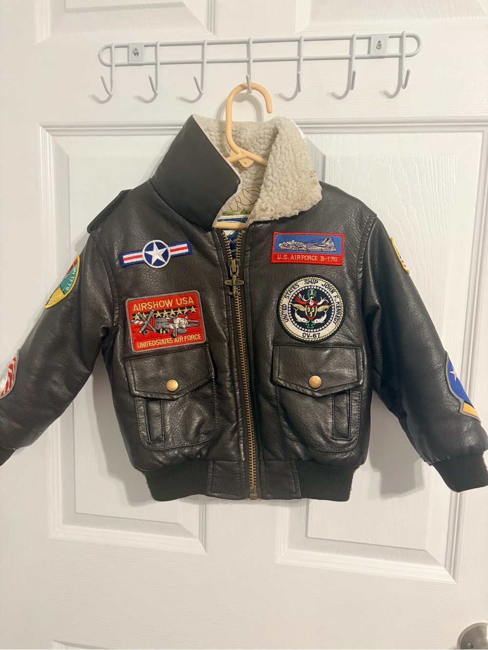Kids Brown Faux Leather Aviator Jacket with Patch Details